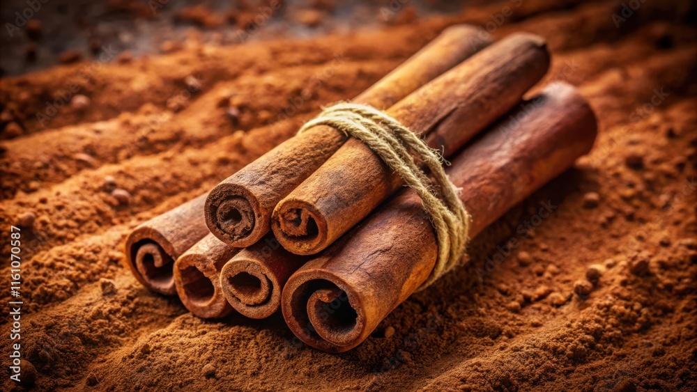 Aufkleber cinnamon sticks tied with twine resting on a bed of cinnamon powder
