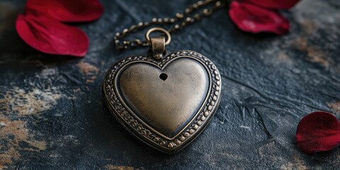 Antique Heart Shaped Pendant Necklace With Rose Petals