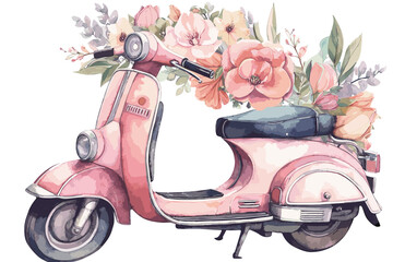 Watercolor hand painted scooter illustration isolated on a white background. Vintage motorbike with flowers design.
