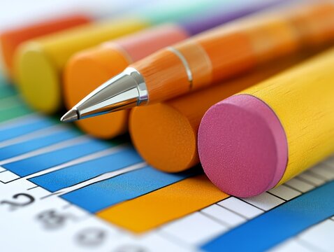 Colorful pens and circular markers on a chart, highlighting data visualization.
