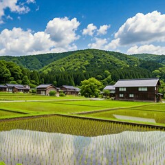 Japanese Countryside with Rice Fields