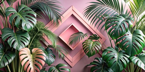 Lush tropical foliage arranged against a dusty pink wall with geometric wooden frames, creating a vibrant and textured scene.