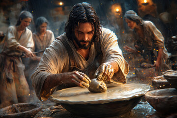 In tranquil workshop illuminated glowing light Jesus skillfully shapes clay potter's wheel. Angels watch over as He creates human figure showcasing divine artistry and care.