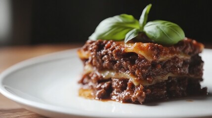 Close-up of a classic lasagna on a white platter with minced beef bolognese sauce and basil leaves on top