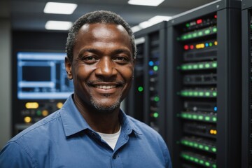 Close portrait of a smiling senior Comorian male IT worker looking at the camera, against dark server room blurred background.