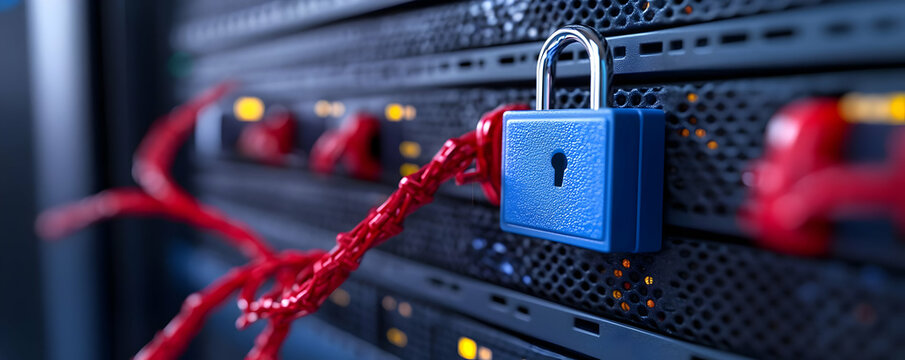 Blue padlock securing server rack with red cable.