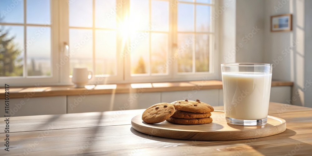 Poster A glass of milk and a stack of cookies sit on a wooden table with sunlight streaming through a window in the background.