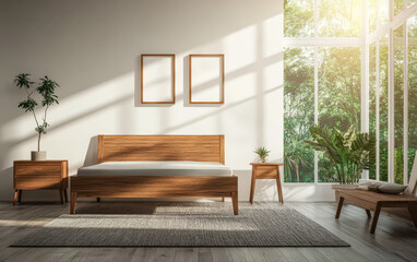 Modern bedroom interior design with natural light and greenery in the background
