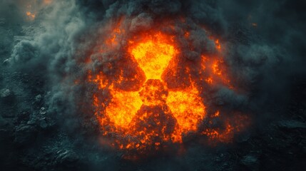 Fototapeta premium Nuclear symbol engulfed in fiery debris during a dramatic volcanic eruption