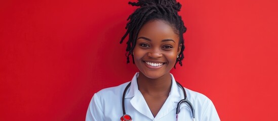 Smiling young female doctor wearing stethoscope against vibrant red background with space for text and healthcare themed concepts