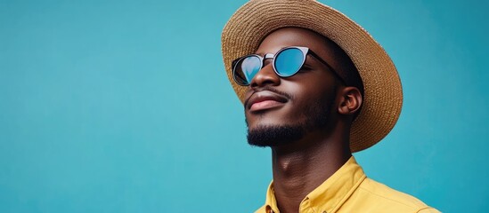 Stylish young African American man in sunglasses and hat with bright background ideal for summer festival text space and advertising use.