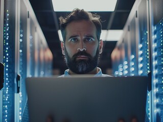 Bearded man working on computer screen
