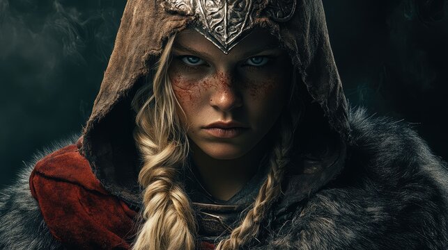 Blonde warrior in a hooded fur cloak displaying strength and intensity with fierce expression and battle-ready attire - Powered by Adobe