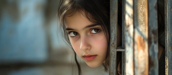 Obraz premium Youthful girl peeking through a fence with an inviting blank space for text against a serene backdrop of nature and architecture.