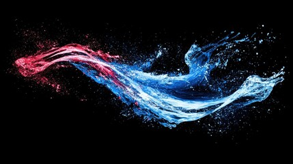 Obraz premium Abstract flowing red and blue liquid splash on black background.