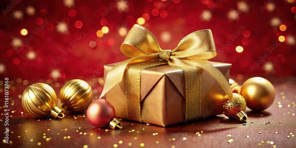 Poster a golden gift box tied with a luxurious ribbon sits on a red surface surrounded by shimmering bauble