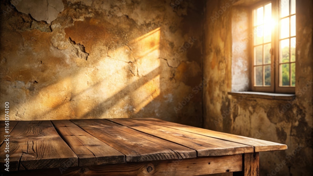 Poster Rustic wooden table with a backdrop of a weathered wall illuminated by sunlight streaming through a window