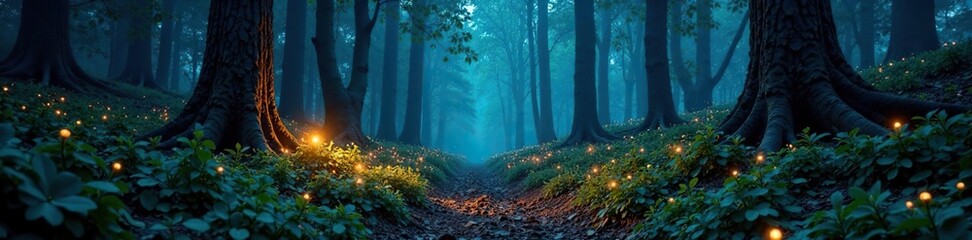 Forest floor aglow with soft radiance amidst towering bioluminescent trees, tranquil environment, gentle light