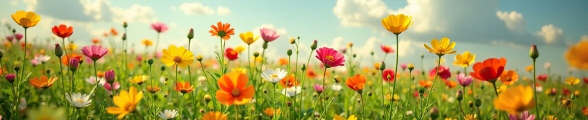Fototapeta premium Field of colorful wildflowers swaying gently in the breeze, sway, bloom