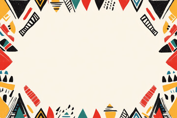 Fototapeta premium Vibrant geometric shapes in red, yellow, green, and black create a decorative border around an empty central area, suitable for various design projects or invitations