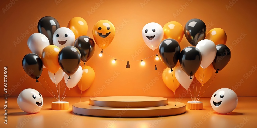 Poster halloween festive background with balloons and a circular podium for product display