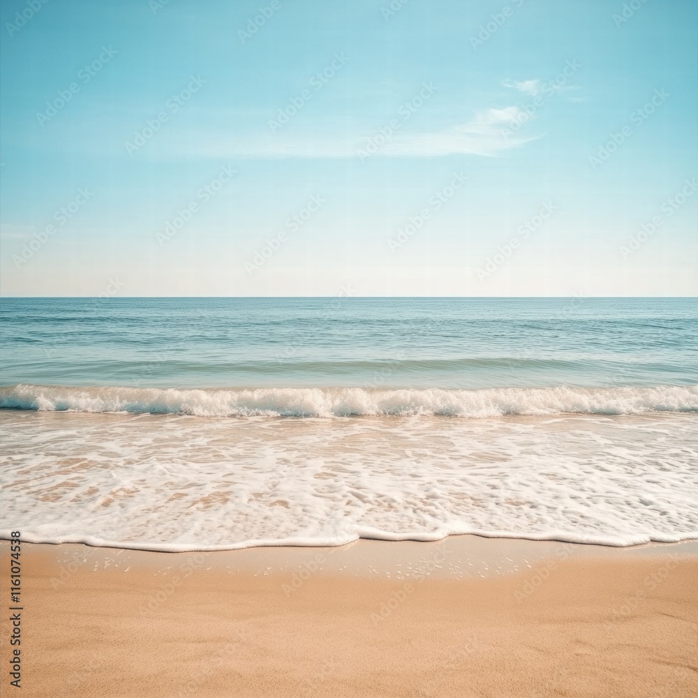 Poster Serene beach with gentle waves and soft sand inviting tranquility and relaxation during a sunny day. Generative AI