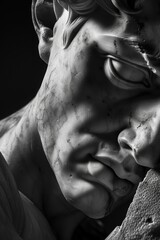 Ancient male statue with altered expression, revealing the artistic process of restoration and preservation.