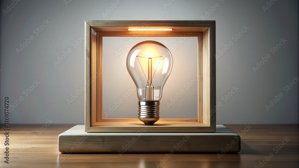 Poster a glowing light bulb displayed in a wooden frame, symbolizing the power of ideas and innovation.