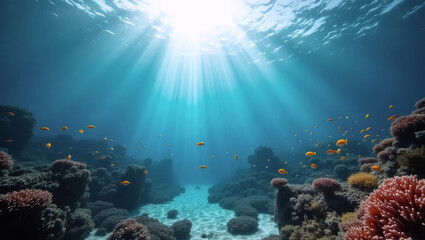 Fototapeta premium Sunbeams Dancing on the Reef: A mesmerizing underwater scene where sunlight pierces the cerulean depths, illuminating a vibrant coral reef teeming with life. 