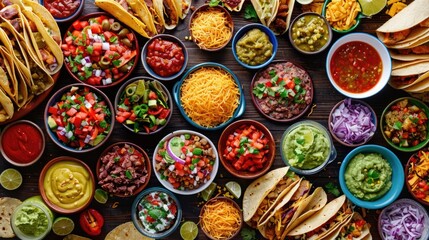 Fototapeta premium Variety of spicy, fresh salsas and dips in colorful bowls celebrating Mexican cuisine.