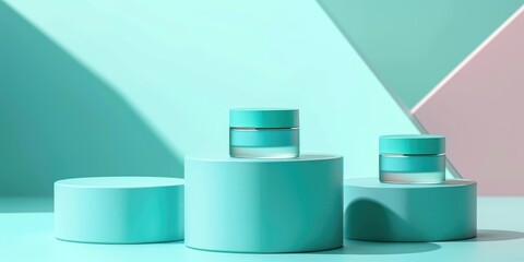 A set of five round tea cups stacked neatly on a table. The cups have modern designs with a light teal color, and the background is a contrasting pink.