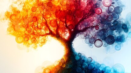 Dynamic Abstract Artwork Featuring Vibrant Layers and Bold Colors with Nature Elements