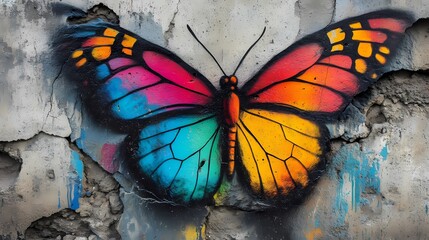 Vibrant Butterfly Graffiti Art on a Weathered Wall