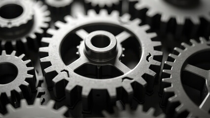 A monochromatic photograph of interlocking gears, showcasing their intricate details, mechanical functionality, and soft lighting