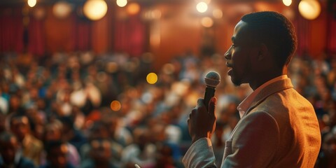 Fototapeta premium Man on stage using microphone, giving a speech or presentation to an audience.