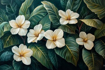 Beautiful white hibiscus flowers surrounded by lush green leaves in vibrant detail