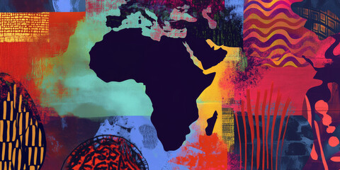An artistic interpretation of the African continent stands in the center, surrounded by a dynamic array of colorful patterns and textures creating a vibrant visual atmosphere
