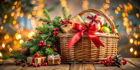 Fototapeta premium A Festive Gift Basket Overflowing With Cheerful Presents and Christmas Decorations, Nestled Amongst Evergreen Branches and Decorated With A Red Ribbon, Against A Background of Warm, Sparkling Lights