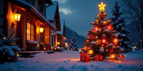 Luci natalizie splendenti che illuminano il foglio, lanterns, Christmas tree
