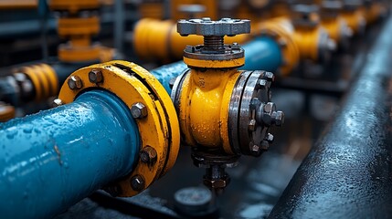 Fototapeta premium Industrial Pipeline System: Close-up of Yellow and Blue Pipes with Valve
