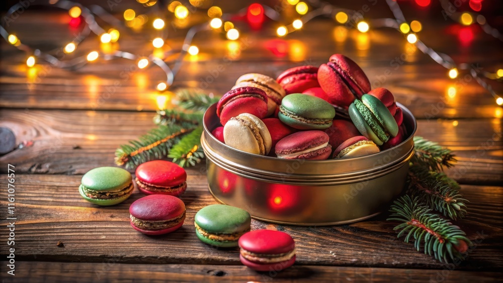 Poster colorful macarons in a festive tin box with christmas lights and pine branches on a wooden table
