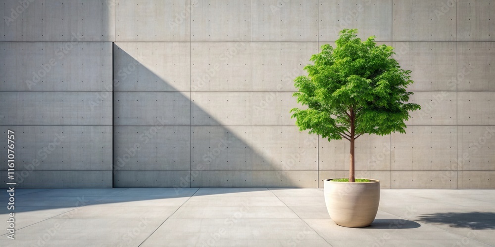Poster a single potted tree stands in front of a concrete wall, with a shadow cast by the sun on the ground