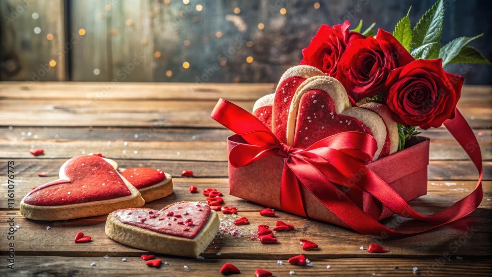 Poster a red box filled with heart-shaped cookies and tied with a ribbon, accompanied by red roses, resting