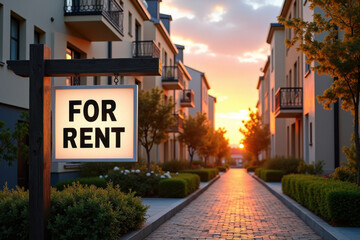 A charming residential house with a prominent "FOR RENT" sign, multi-story houses, greenery, and a cobblestone path, showcasing a vibrant sunset scene