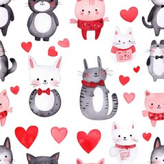 Playful Collection of Cute Cats and Hearts in a Whimsical Cartoon Style for Valentine's Day or Pet-Themed Projects, Ideal for Kids' Crafts and Designs