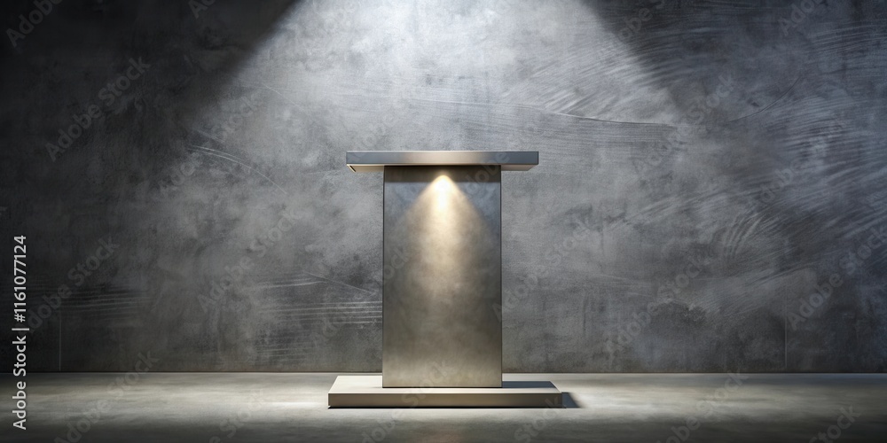Poster A minimal and modern podium made of metal with a light source shining down on it in a simple industrial space.