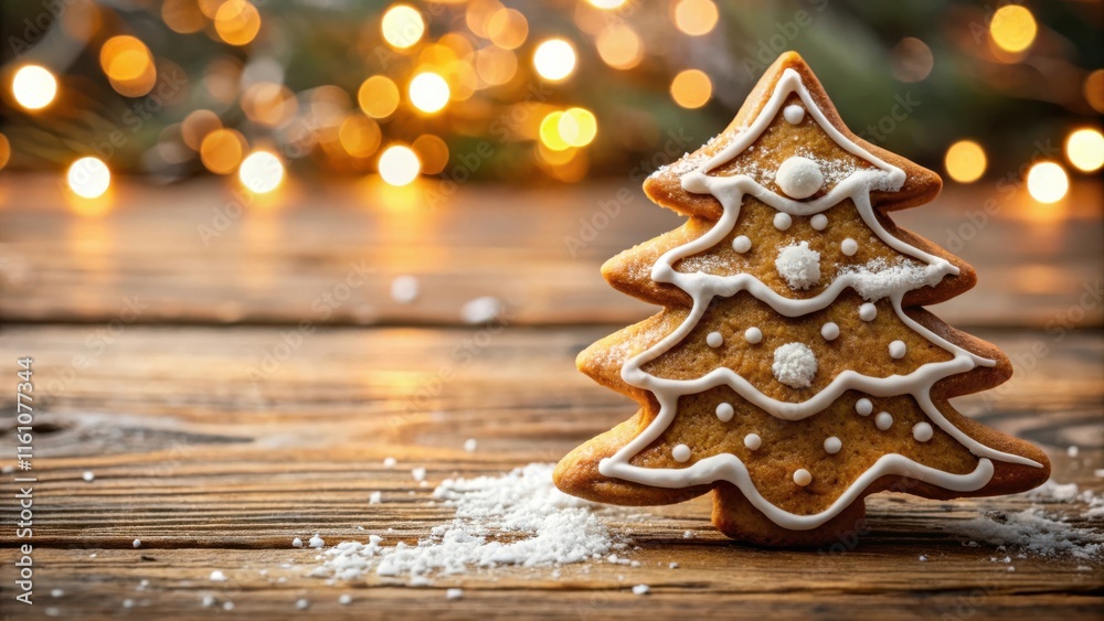 Poster a gingerbread christmas tree with white icing and sugar sprinkles on a wooden surface with warm boke