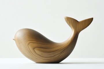 A stylized wooden whale sculpture showcasing smooth lines and natural wood grain.