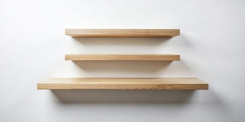 Three empty wooden shelves mounted on a white wall, offering a minimalist display surface for various items.
