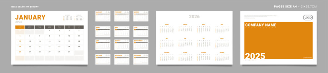 Set of 2025 Pages Monthly Calendar Planner Templates, Cover with Place for Photo, Company Logo, annual. Design of Vector Calendar Pages size Letter -8.5x11 in ready on print. Week start on Sunday
